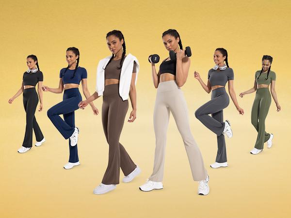 ENERBLOOM Women's Workout Flare Yoga Pants with Pockets High Waisted Bootcut Leggings Tummy Control 30'' Athleisure Style