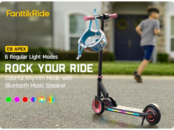FanttikRide C9 Apex Kids Electric Scooter, Bluetooth Music Speaker, Colorful Light for Kids 8-12, 3.9-5.2 ft, 132 lbs, 5 Miles Range, Up to 40 min Ride Time, 5/8/10 MPH, 3 Adjustable Heights