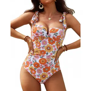 VIMPUNEC Elegant One Piece Swimsuit for Women Vintage Floral Print Bathing Suit Tummy Tuck Slimming Swimsuit with Bow Straps Beachwear