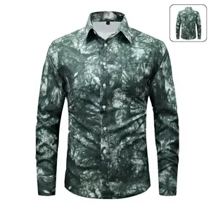 Men's Fitted Collared Long-Sleeve Cuffed-Sleeve Gradient Tie-Dye Casual Button-Down Shirt - Menswear, Chest Pocket, Everyday Wear Stylish Top