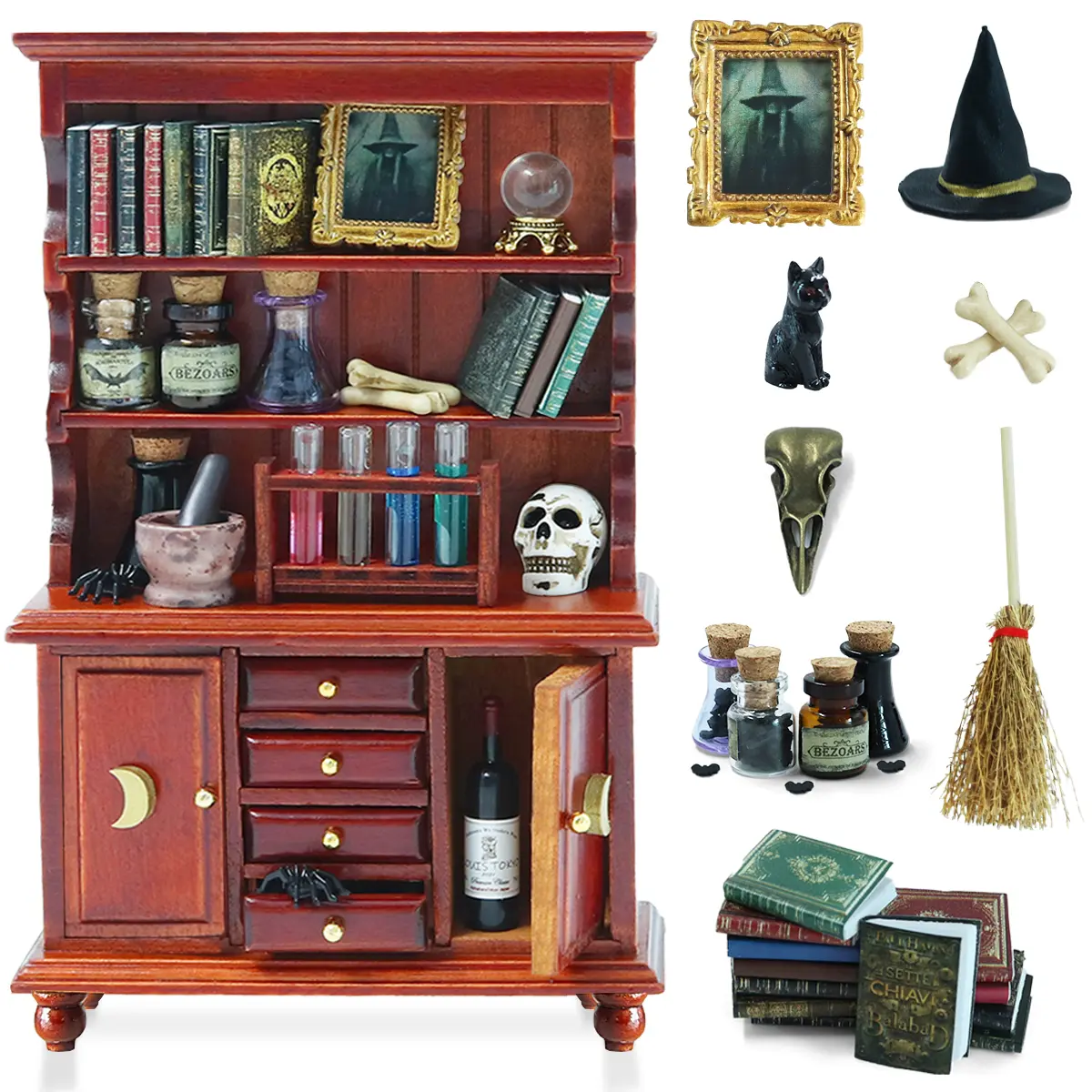 BEIREG Handcrafted 1/12 Scale Enduring Wood Bookshelf Furniture Playset, Unisex Dollhouse Miniatures with Magic Bottle Potion, Halloween Decorations, Christmas Decorations, Kids’ Gift with Handmade Details Delight