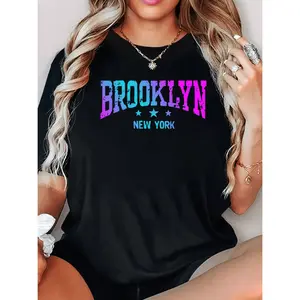 WomenS Brooklyn Letter Print T-Shirt Casual Crew Neck Short Sleeve Polyester Spandex Knit Fabric Medium Stretch Tee Black