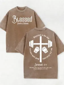 Men's Vintage Washed Cotton T-Shirt - 'Blessed' Cross Pattern Design Purple Short Sleeve Round Neck Loose Fit Breathable Suitable for - Casual Outdoor Streetwear Top, Machine Washable Comfortable Sweatshirt for