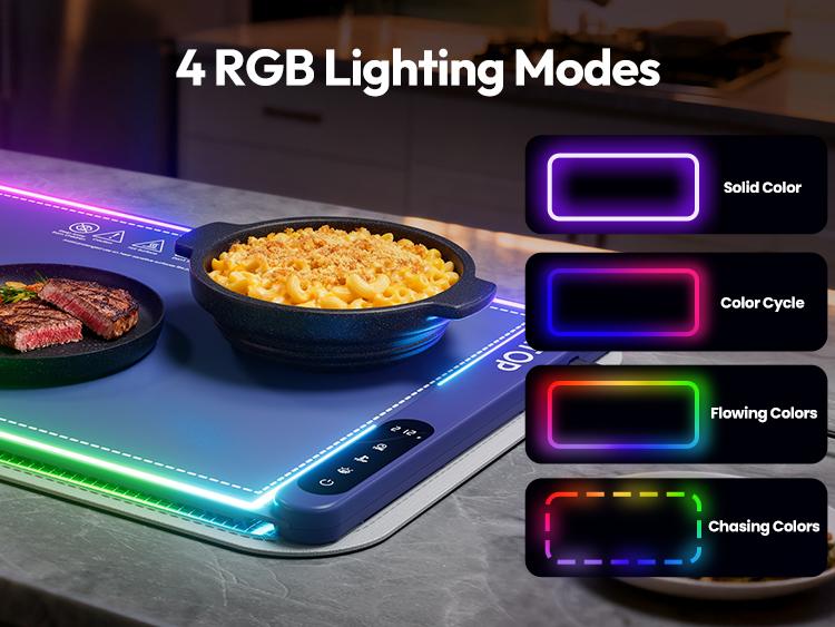 Gaiatop Party Buffet Food Warmer with Trivet - RGB Edge, Electric Warming Mat, 6 Temp Levels (122℉-212℉), 6 Timer Settings, Full-Surface Fast Heating, Portable Silicone Design Dishware Lighting Modes Dishware Lighting Modes Easy Storage Gaiatop Party Buffet Food Warmer with Trivet - RGB Edge, Electric Warming Mat, 6 Temp Levels (122℉-212℉), 6 Timer Settings, Full-Surface Fast Heating, Portable Silicone Design Dishware Lighting Modes Dishware Lighting Modes Easy Storage