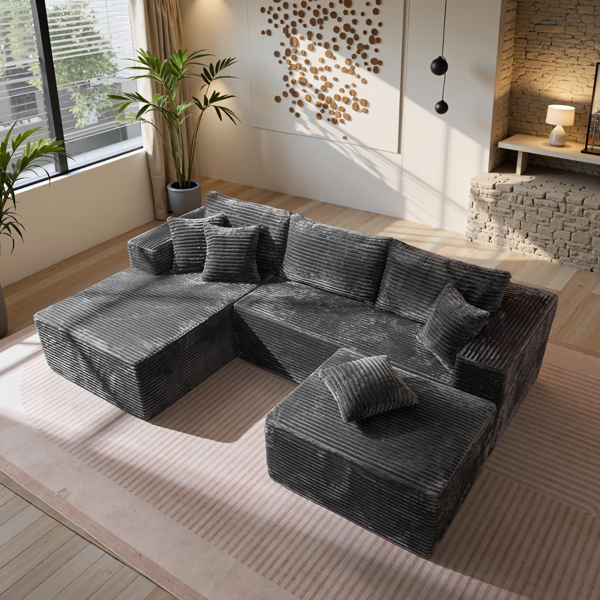 【Black Friday & Cyber Monday Deal】3 Packages Shipping OOSWIFT 108“Modern Boneless Couch Cloud Modular Sectional Sofa With Removable Ottomans & Chaise - Plush Corduroy , Deep Seat, Upholstered Couches, No Assembly Required for Living Room