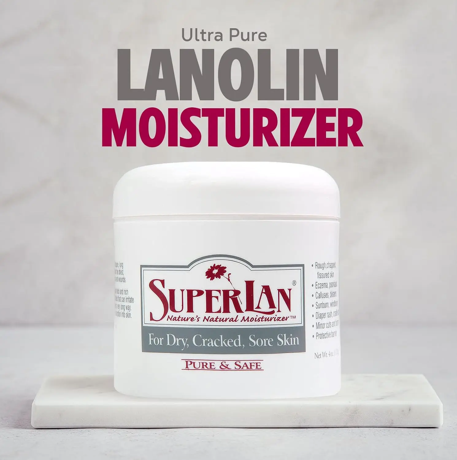 SuperLan Pure Lanolin Cream - 100% Natural 4 oz Hydrating Moisturizer for Dry, Cracked Skin, Eczema - Hypoallergenic, Chemical-Free, Paraben-Free, Unfragranced, Certified Kosher for Female Adults All Skin Types