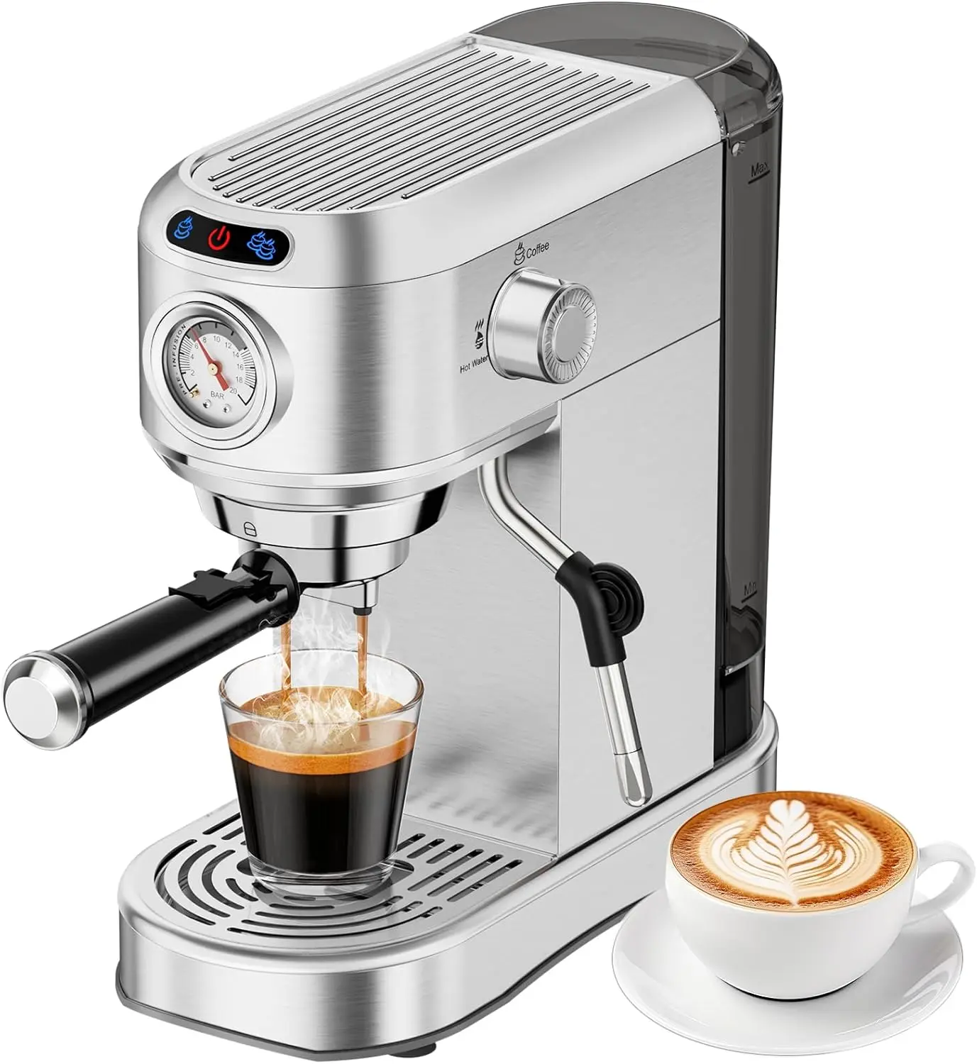 Espresso Machine 20 Bar Compact Coffee Maker with Stainless Steel Design & Steam Milk Frother 34oz Removable Water Tank for Lattes Cappuccinos Ideal Mother's Day Gift for Latte Cappuccino Lovers Silver