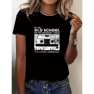 Casual Short Sleeve T-Shirt for Women Featuring Magnetic Tape Print and Round Neck