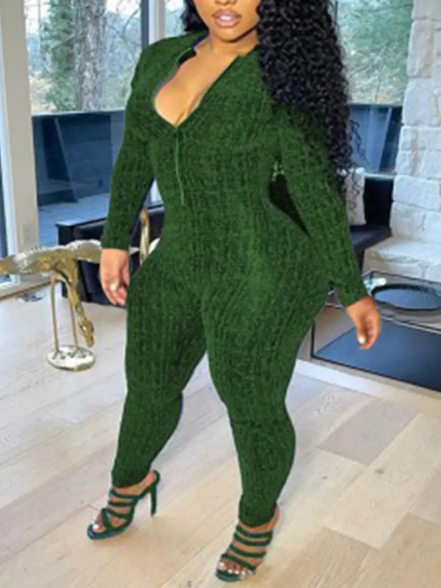 Women's Zipper Design Skinny Green Jumpsuit