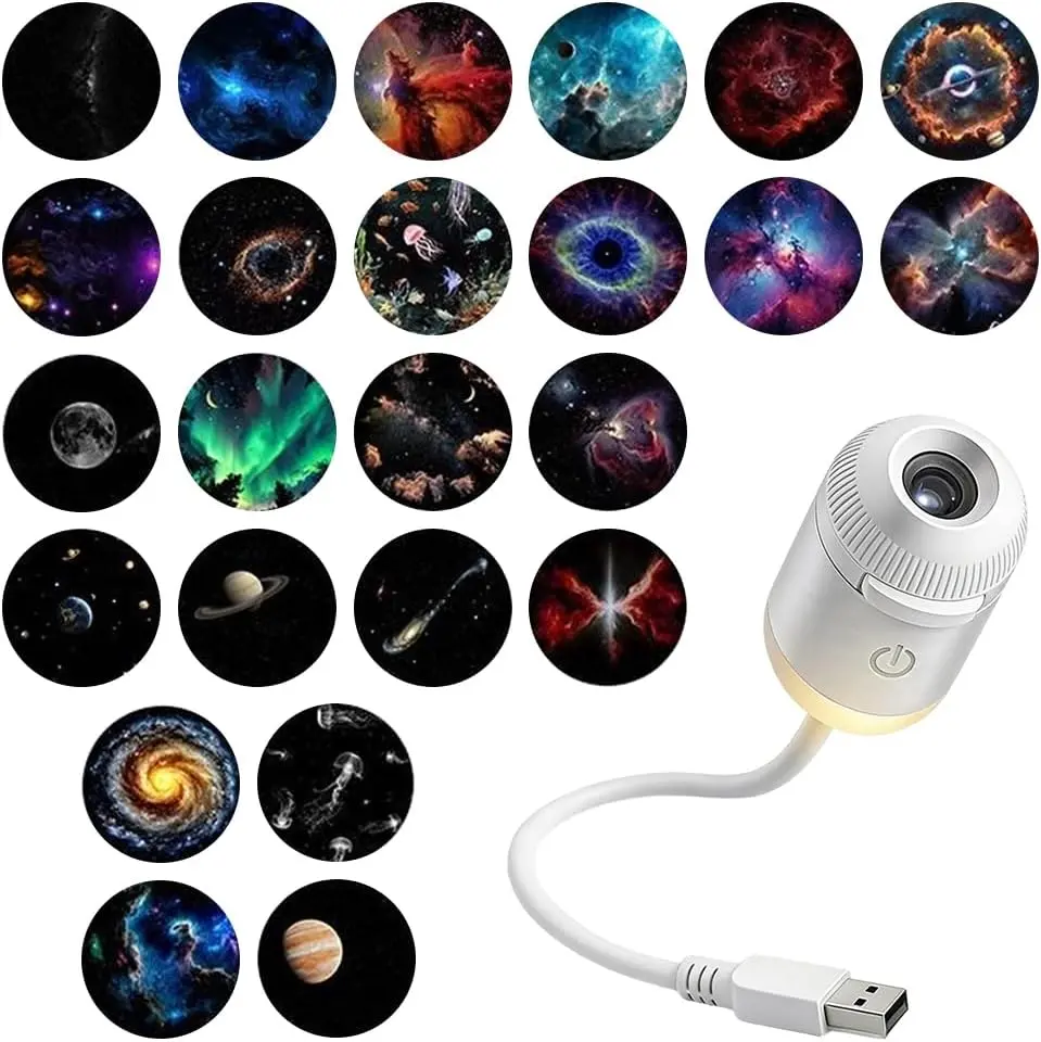 2-in-1 Mini LED Galaxy Projector Night Light - USB Powered, 24 Projection Films, Lights for Bedroom, Projector for Bedroom, Ceiling Wall Decor, Indoor Use for Room Decoration