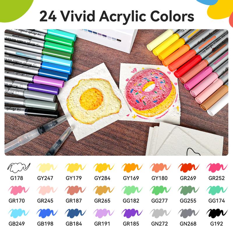 24-Color Acrylic Creative Markers with Brush Tip, Direct Ink Roller System, Layerable, No Bleed, Bold Marks on Light & Dark Surfaces for Drawing, Gifting & Teaching