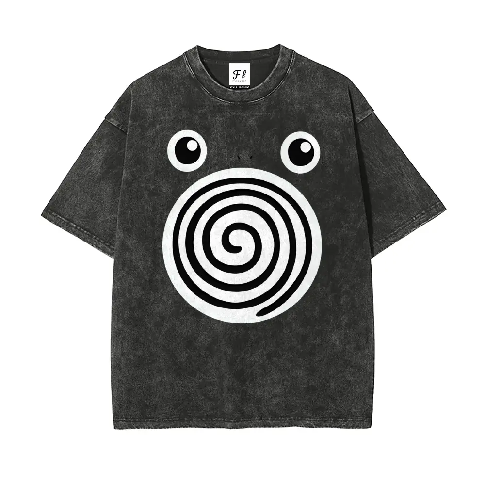 Men's Vintage Poliwhirl Graphic T-Shirt, Oversized Short Sleeve Retro Streetwear Tee in Soft Washed Stretch Cotton, Tshirt, Shortsleeve