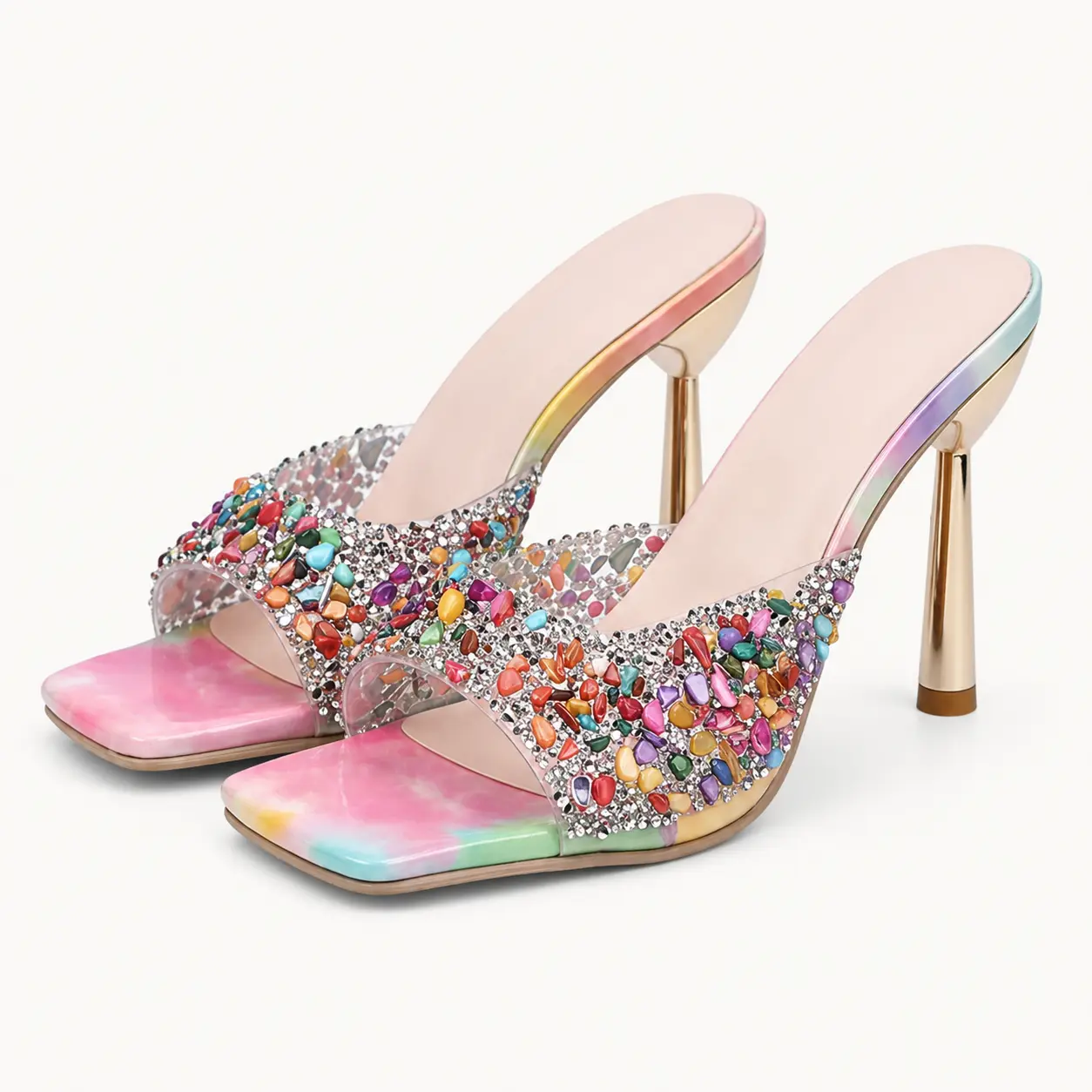 GeeYea women’s Colorful Rhinestone Mule Heels, Square Toe High Heel Slide Sandals with Mesh Upper, Open Toe Dress Shoes, Synthetic Leather Lining & Rubber Sole for Party, Date Night & Spring Summer Outfits
