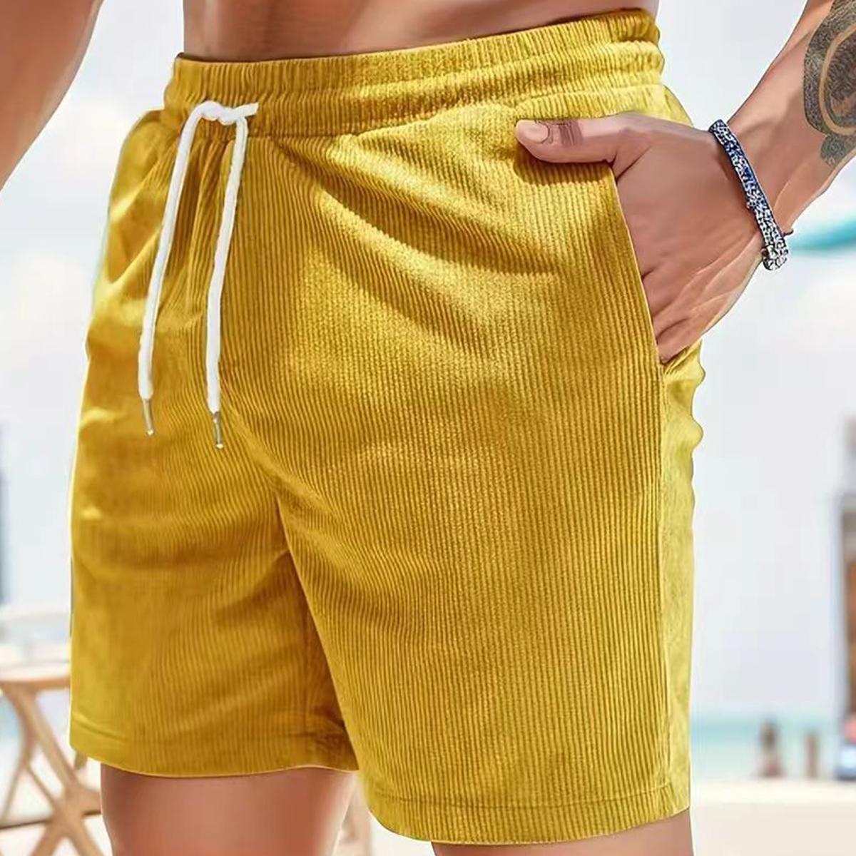 Men's Casual Corduroy Shorts with Drawstring Waistband, Side Pockets, and - Black, Polyester Fiber, Suitable for All-Season Outdoor Activities, Solid Color Regular Fit Summer Daily Commuting Versatile Simple Design