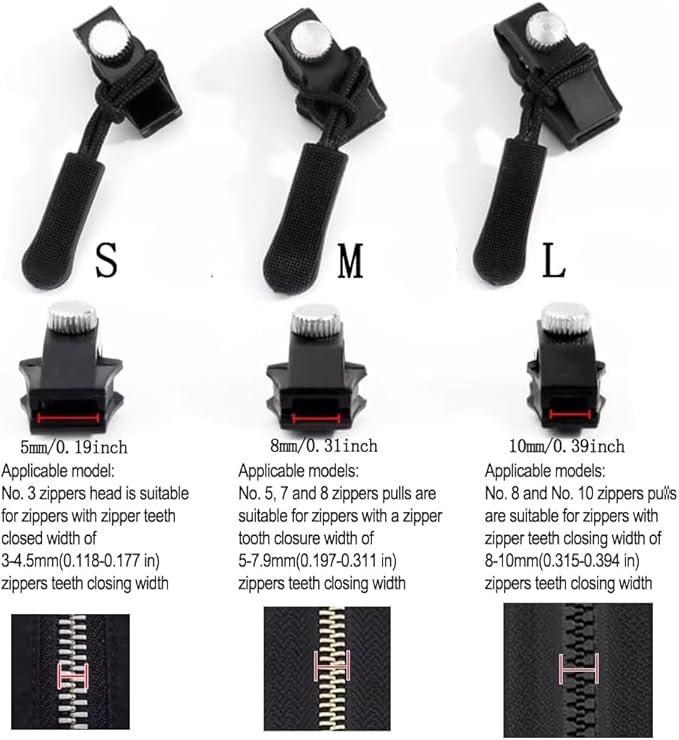 Zipper Repair Kit 6-Pack (2*Large,2* Medium, 2*Small) - Detachable，No-Sew Slider For Jackets，Luggage & Bags - Durable Black Replacement Zippers With Easy Install Tools Zipper Pull Replacement Zipper Replacement circle zipper universal zipper