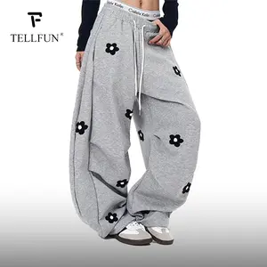 TELLFUN 2026 Unisex Floral Embroidery Baggy Barrel Sweatpants Elastic Waist Drawstring Casual Y2K Streetwear Loose Fit Vintage Joggers