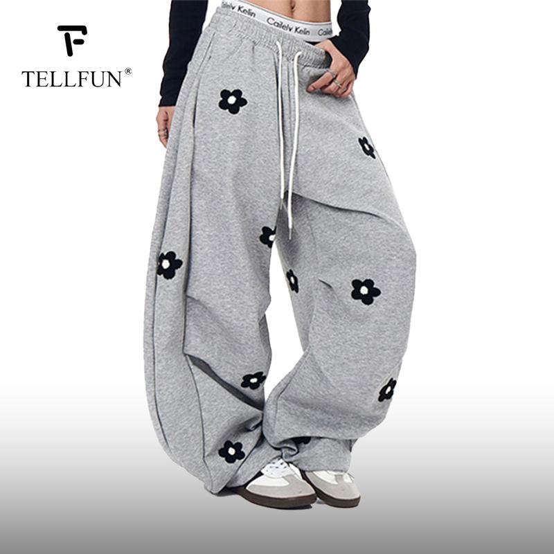 TELLFUN 2026 Unisex Floral Embroidery Baggy Barrel Sweatpants Elastic Waist Drawstring Casual Y2K Streetwear Loose Fit Vintage Joggers