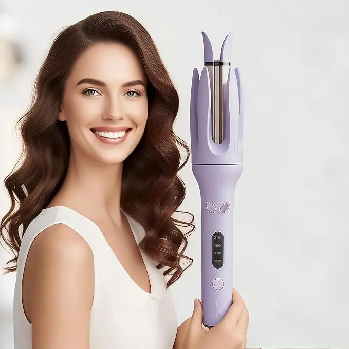 Professional Automatic Hair Curler - Portable Curler with 4 Temperature Settings, Adjustable Ceramic Rotating Wand, Negative Ion Tech, 110V-240V, Smooth Beauty Products (Pink/Purple)