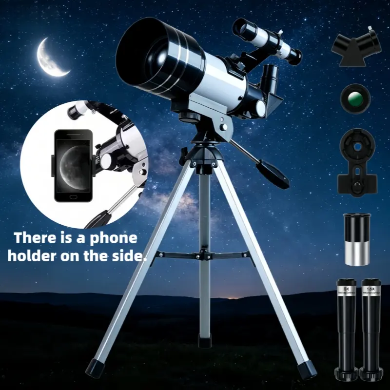 150x high-power astronomical telescope, with a 70mm large aperture, providing clear and bright imaging. It supports smartphone adapter, wireless control, and a lightweight tripod. Suitable for stargazing, lunar observation, and beginners.