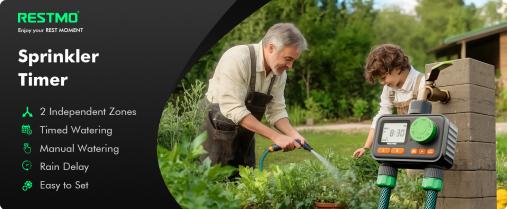 RESTMO 2 Zone Sprinkler Timer, Programmable Water Timer for Garden Hose, Automatic Control | Manual ON/Off | Rain Delay for Outdoor Faucet, Drip Irrigation and Lawn Watering System