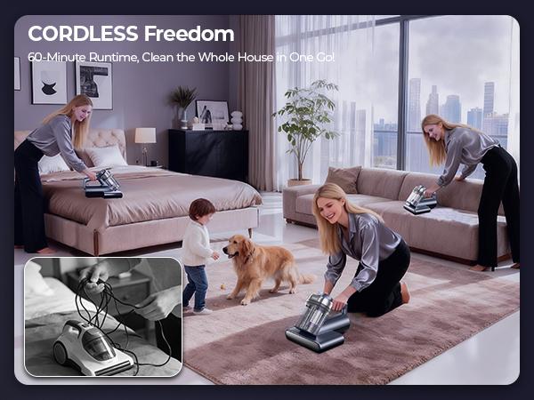 Teant Upgrade Cordless Mattress Vacuum with 18kPa Ultra-Deep Suction, 2-Speed Bed Vacuum with 33000 RPM/Min Roller Brush, 253.7nm UV-C Light & LED Display, HEPA, 149℉ Heat, Aroma & Anion for Bed Sofa