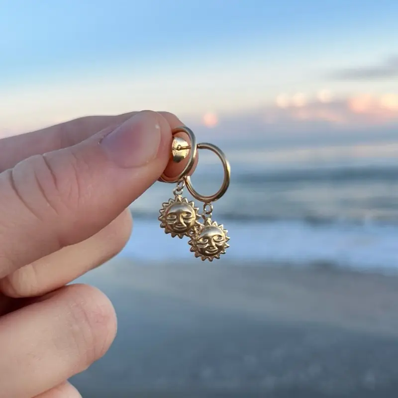 waterproof sunshine hoop earrings, 14k gold filled sunshine hoop earrings, everyday beachy hoops, sun earrings