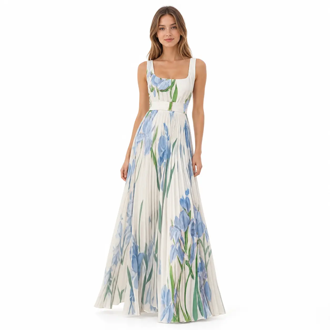 Women's Floral Print Square Neck Sleeveless Maxi Dress, Belted High Waist A Line Long Dress with Pleated Flowy Skirt, Elegant Vacation Resort Wedding Guest Garden Party Summer Dress for Women