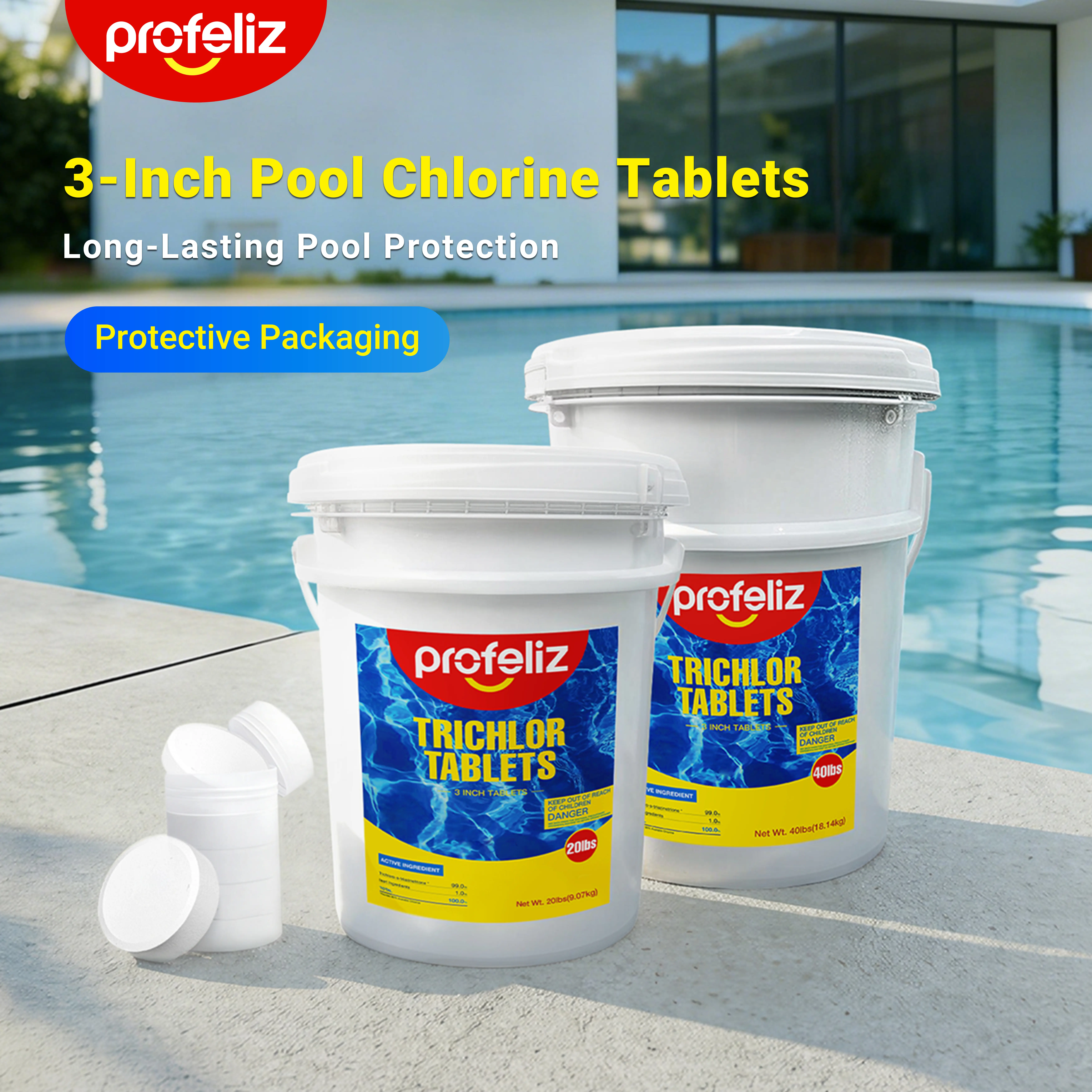 Profeliz Chlorine Tablets 3 Inch for Swimming Pools, Kills Bacteria and Stops Algae, Slow Dissolving,Exclusive Protective Packaging,Pool Chlorine Tablets,20lbs 40lbs outdoorfun summervibes Swimmingpool