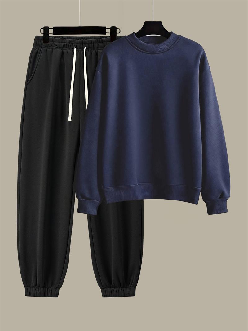 Men's Cotton Solid Color Casual Tracksuit Set Loose Fit Crew Neck Sweatshirt with Matching Jogger Pants for Fall Winter Comfortable Menswear Outfit for Outdoor Activities Sporty Commute Fitness and Relaxed Everyday Wear