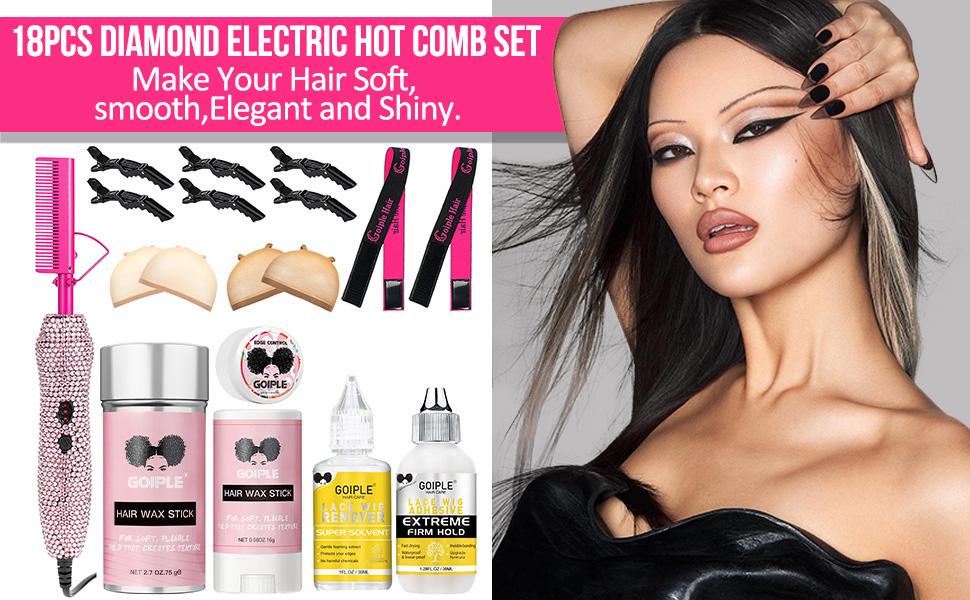 【Hot Comb Set Gift Box】18 Counts Diamond Hot Comb Set Adjustable Temperature Electric Hair Straightener Brush for Wigs Natural Black Hair Styling Gold Finish