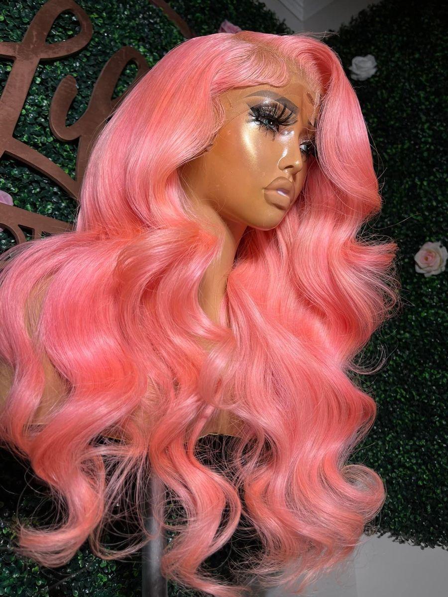 Pink Lace Front Wig Human Hair Body Wave 30 Inch Hot Pink 180% Density HD Transparent Lace Frontal Glueless for Women Natural Look Seamless Hairline Vibrant Style & Color