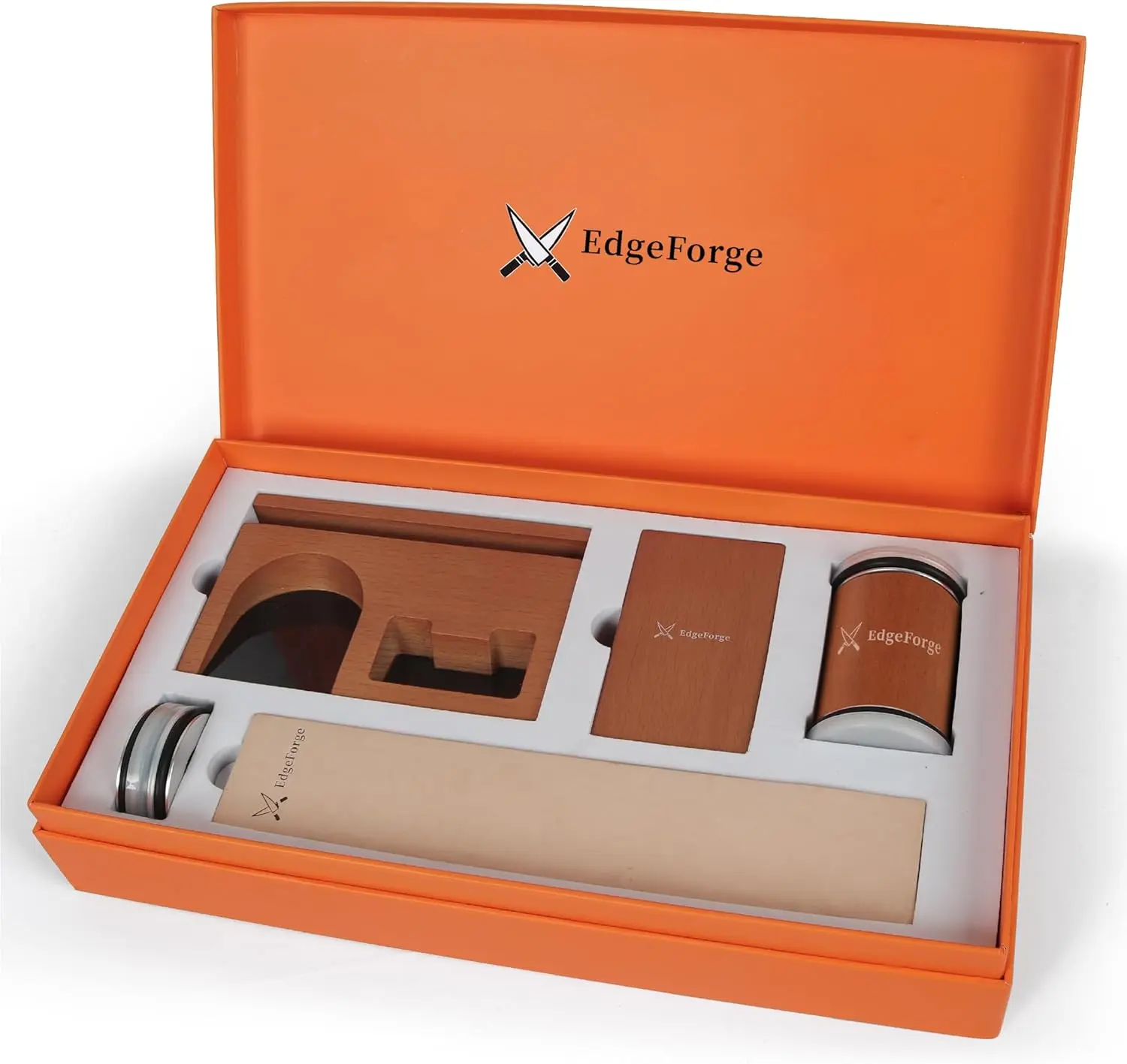 EDGEFORGE Rolling Knife Sharpener Set - Beech Wood & Steel 6-Piece Kitchen Kit, 2 Extra Discs, 2-Stage 3000 Grit System, Leather Strop, Ergonomic Stable Nonslip Base, 20° Daily Slicing Tool, Dad Gift, Fathers Day Gifts for Dad, Gift Ideas