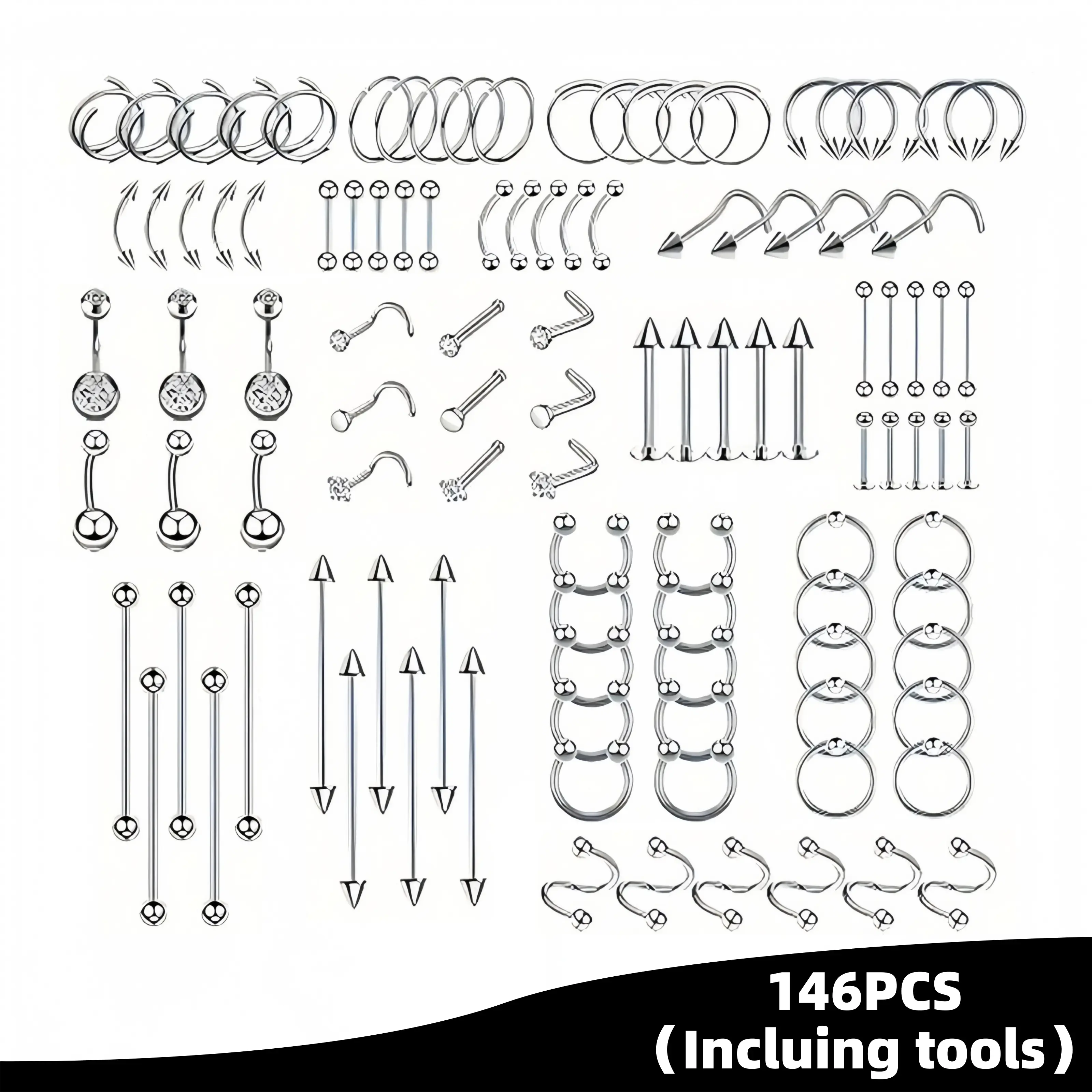 146PCS Multi-Piece Piercing  14G 16G – Hypoallergenic 316L Surgical Steel Body Jewelry Set for Nose Tongue Belly Button Eyebrow Lip Cartilage – Nickel Free Starter Pack for Women Men