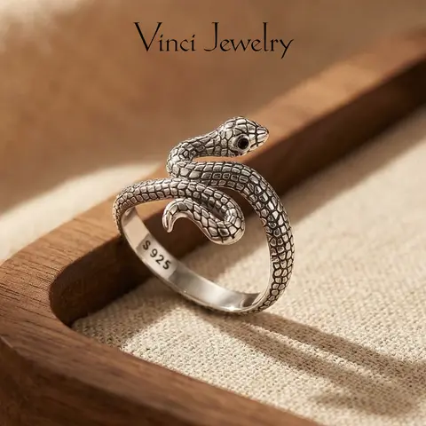925 Vintage Snake Open Ring with Adjustable Unique Texture and Bold Design, Trendy Punk Style Jewelry and Unisex Gift for Friends, Pagan Black Witch Lilith Symbolic Jewelry