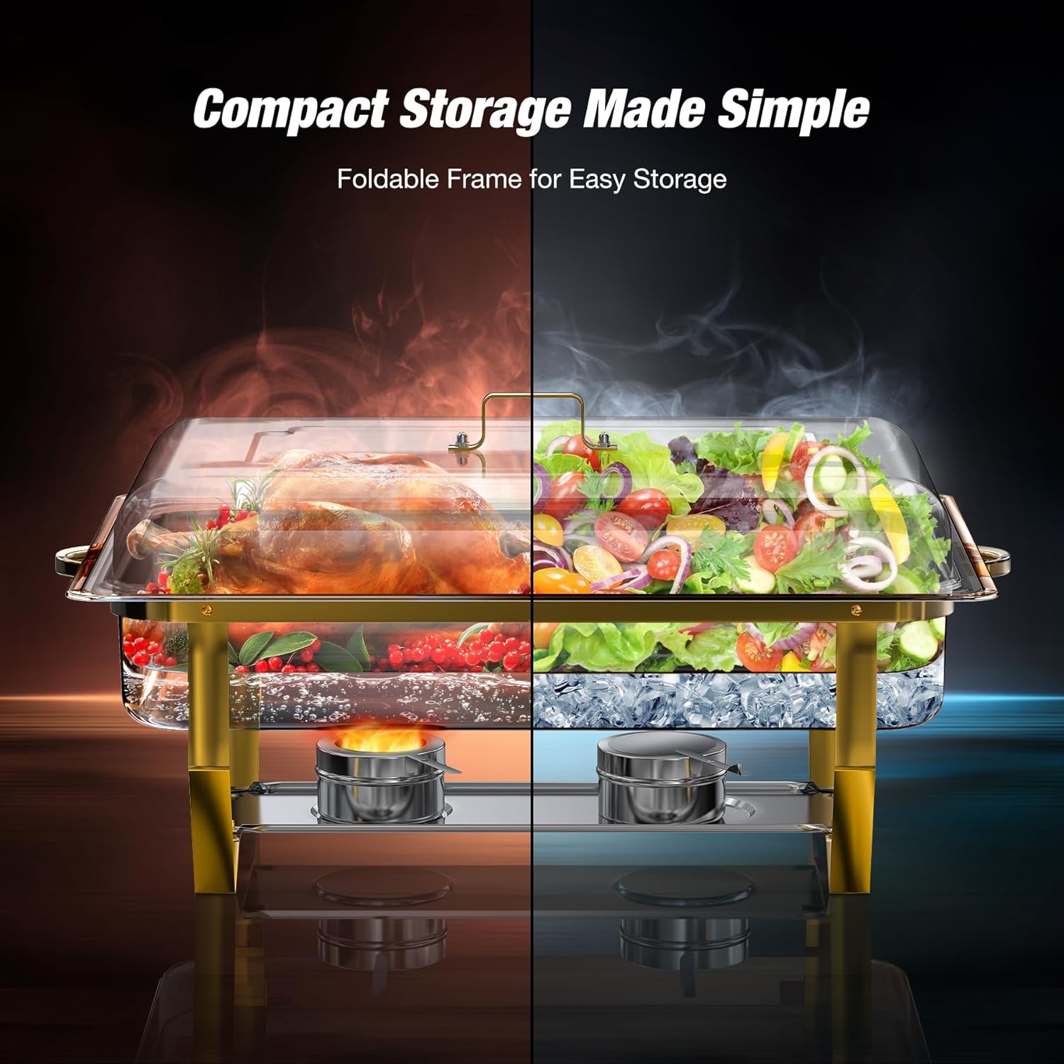 Gold Chafing Dishes for Buffet 9QT 2 Pack/4 Pack, [Easily Assemble] 430 Stainless Steel Chafing Dish Buffet Set w/Foldable Frame, [No Finger Cut] Chafer for Catering