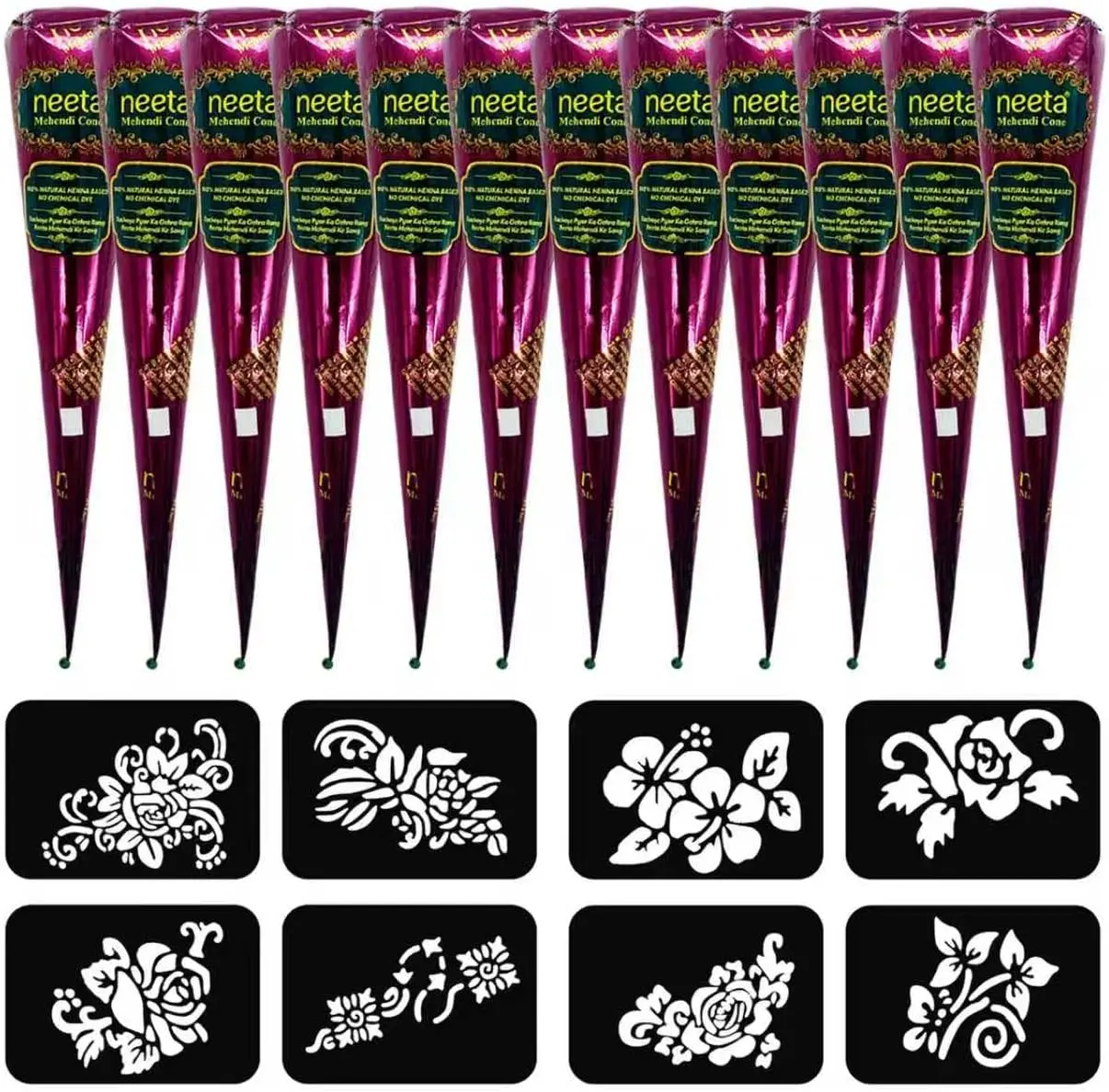 (Pack of 12) 25g Fresh Natural Dark Brown Henna Cones with 8 Stencils | Mehendi Temporary Tattoo Kit |  Body Art | PPD & Ammonia Free