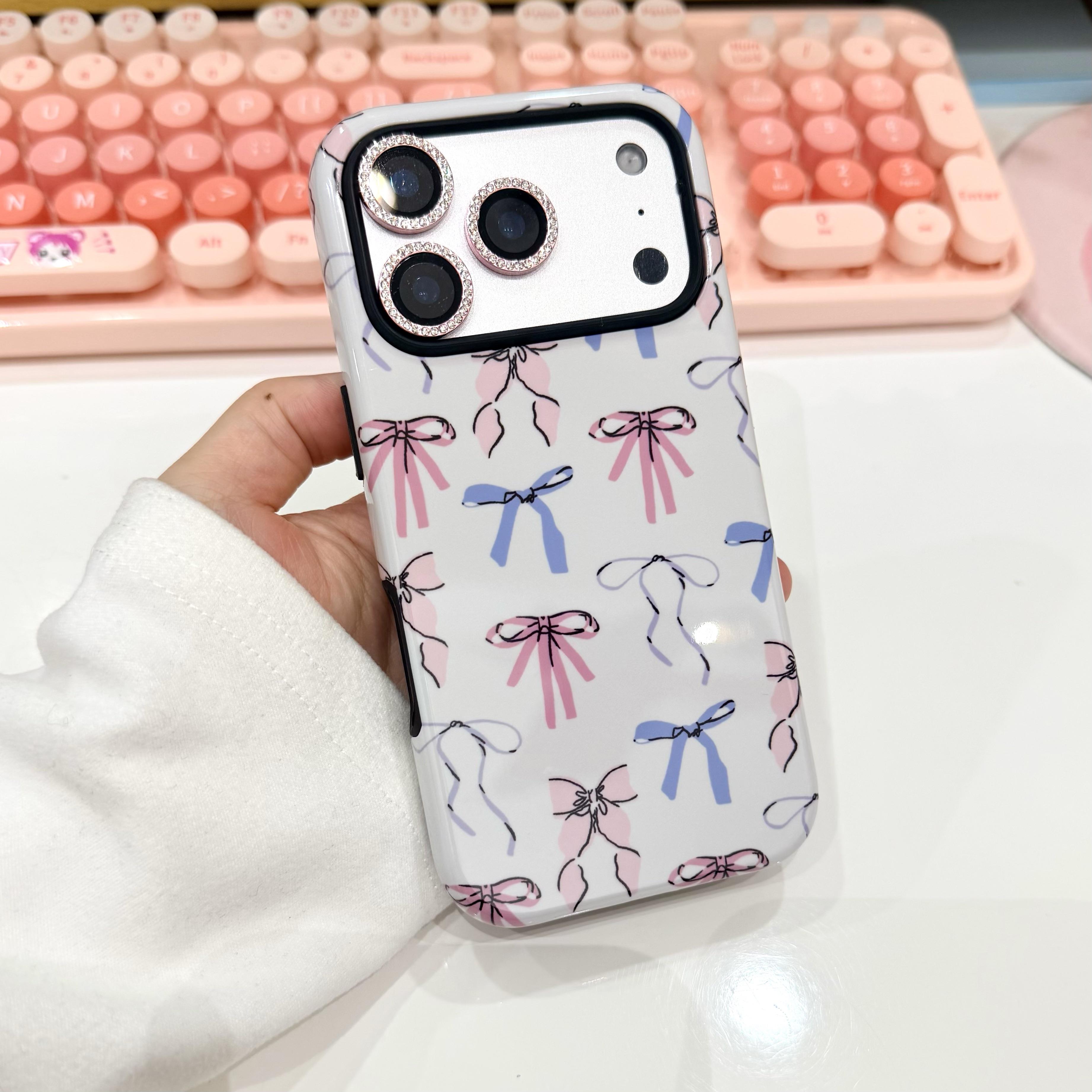 Cute bow iPhone case, hard shell phone cover, dual-layer shockproof design, compatible with iPhone 17/16/15/14/13 Pro/Plus and iPhone 17/16/15 Pro Max cases