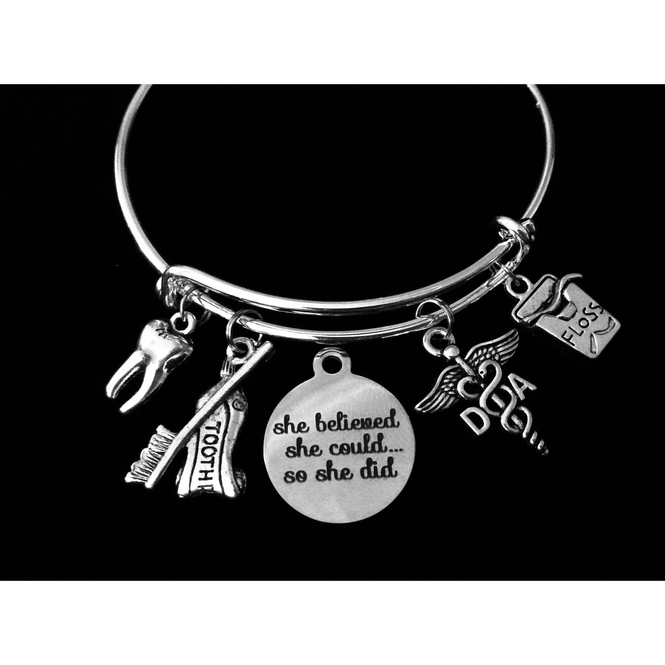She Believed She Could Bracelet | Dental Assistant DA Charm Bangle | Dental Career Gift