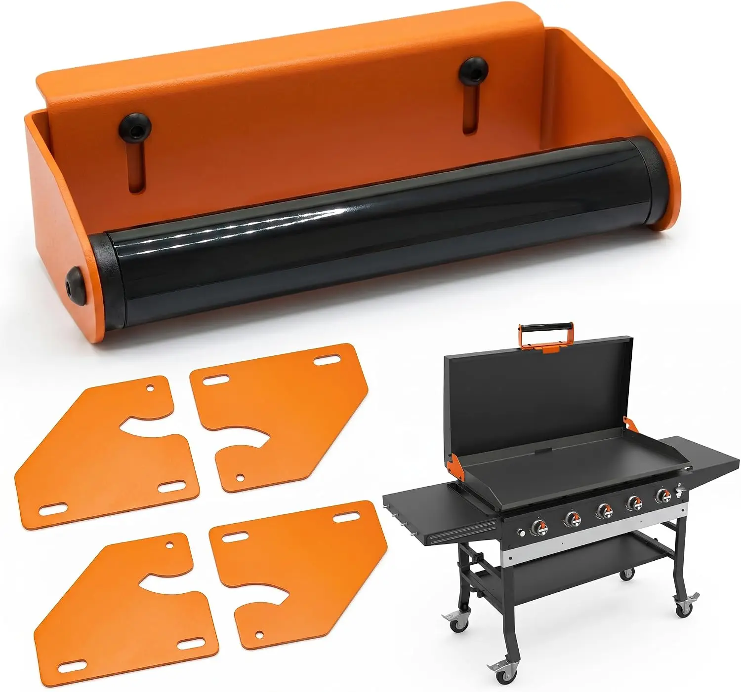 Detachable Handle & Hinge Kit for Blackstone Griddle, Clamp-On No-Drill Accessory That Fits 28"-44" Lids & Hard Covers, Durable Orange Powder-Coated Steel Bracket for Outdoor BBQ
