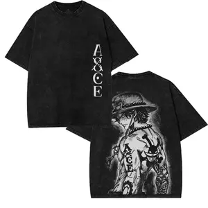 ACE x One Piece Vintage Tee Anime Double Printed Oversize Lightweight Acid Washed Graphic Tee for Men Cotton Menswear T-Shirt Top Classic Seamless Fabric Oversized
