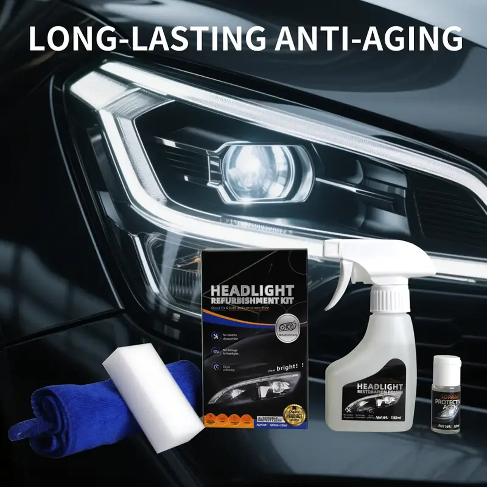 Automotive Headlamp Restoration Liquid (180ml+10ml) - Car Surface Cleaner with UV Protection, Scratch Repair, Enhanced Crystallization Coating for Cars' Oxidized, Yellowed, Blurred Headlights
