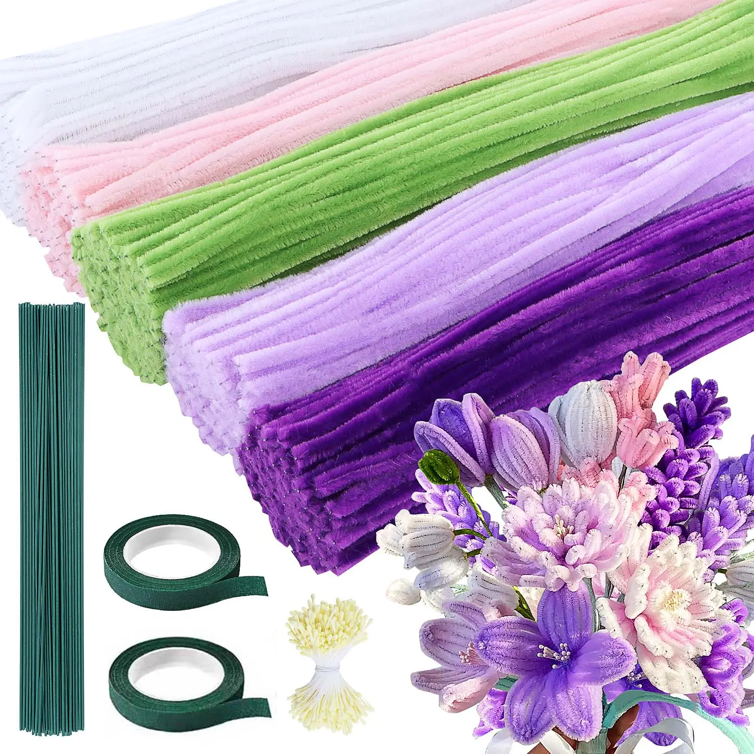 500PCS Purple Flower Pipe Cleaners Customized Craft Assembly Kit, Bulk Floral Decorations Supplies with Floral Wires, Gardening Tape, Stamen for Tulips, Lilies Flower Bouquet Making
