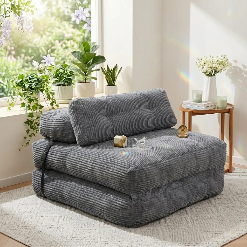HYRORA Corduroy Convertible Sleeper Sofa Bed with Pillow - 1-Person Comfy Cozy Couch, Portable Fold-Out Single Bed with Back Support, Indoor Furniture for Living Room Chill Room, Chill Room Furniture