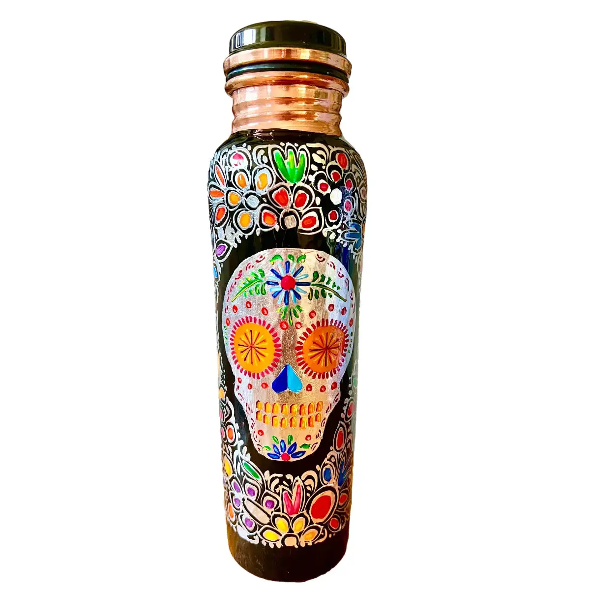 Mexican Copper Water Bottle 1 L / 33 oz.- Hand Painted Multicolored Sugar Skull