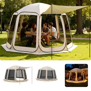 【fathersdaygift】VEVOR Screen House Tent, 12 x 11 ft, 10-12 Person Pop Up Screen Tent with Extended Awning, Portable Screened in Canopy with Carry Bag, Netting Sides, for Patio, Backyard, and Outdoor Activities, Beige