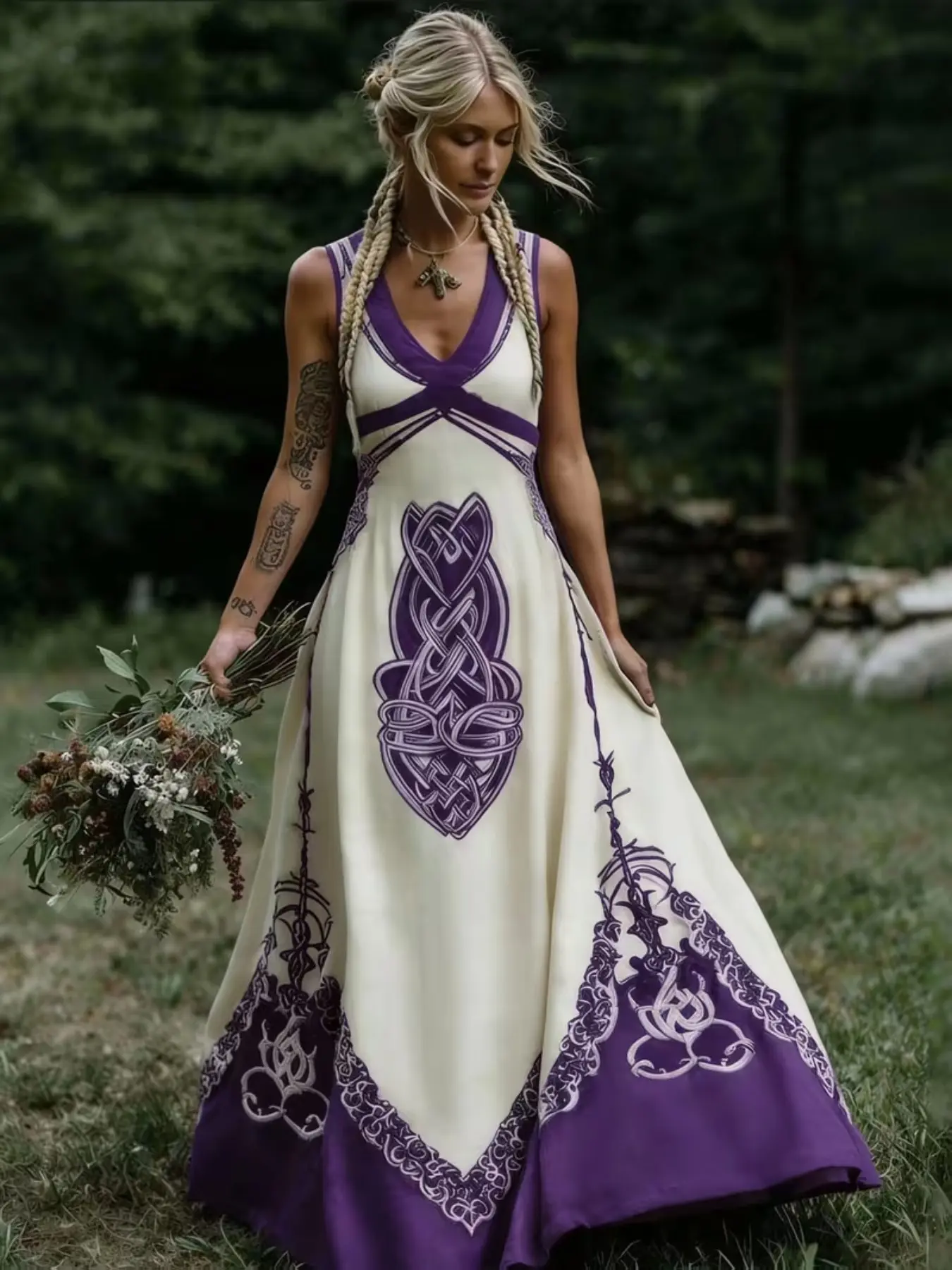 Vintage Celtic Knot Long Dress, Boho Sleeveless V Neck Gown, Loose-Fitting All over Print, Larp Renaissance Festival, Bohemian Women, Bohemian Romantic Dress