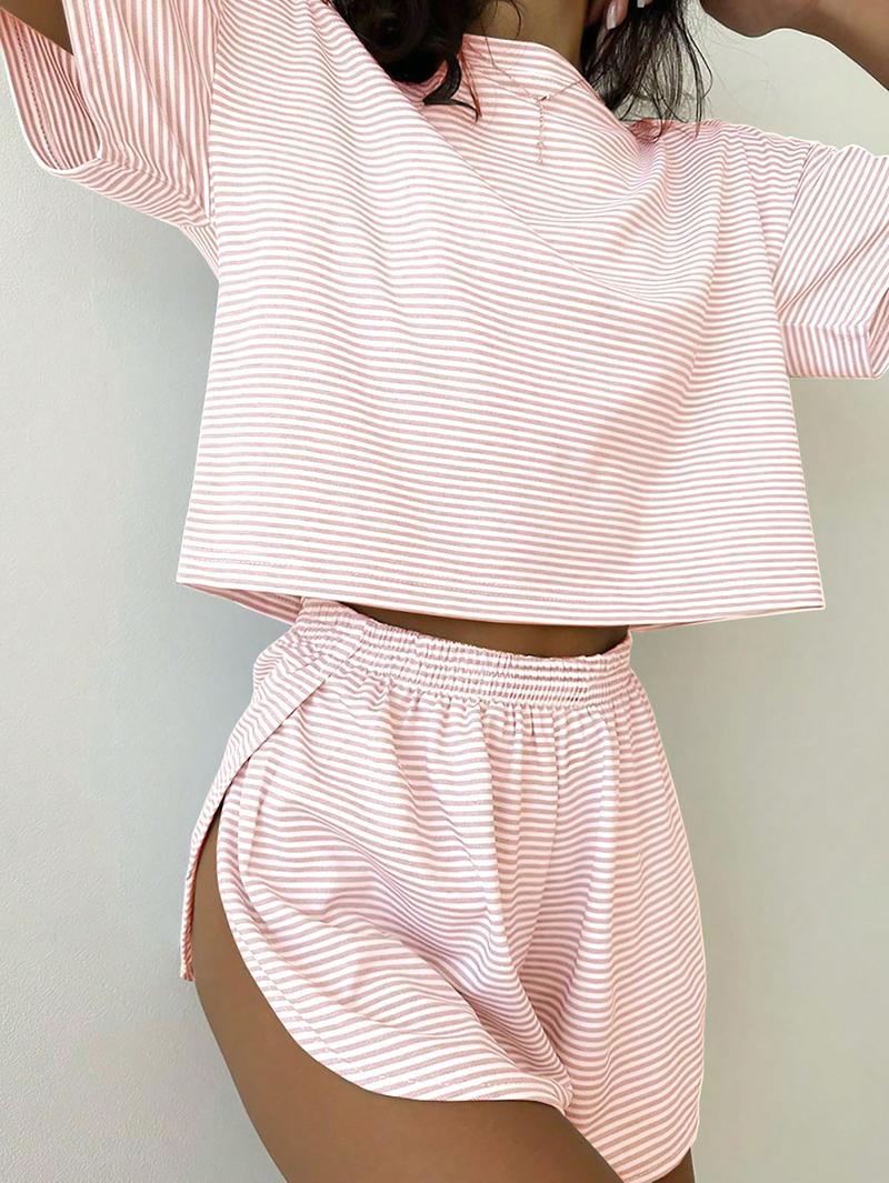 Two-piece set Simple Four Seasons Spring and Summer Contrast Stripes Casual Loose Knit Short Sleeves Tops Side Slits Shorts Home Clothes Set Suitable for Home Use Silk Satin Lace Pajama Set pajamas Striped Beach organic fabric