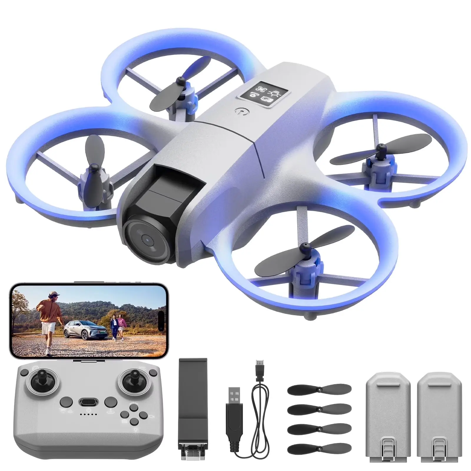 Mini HD FPV Drone with 1080P Camera RC Quadcopter LED Lights One Key Take Off Land Optical Flow Headless Mode 360°Flip 2 Batteries for Kids Fpv Drone Kit Durable