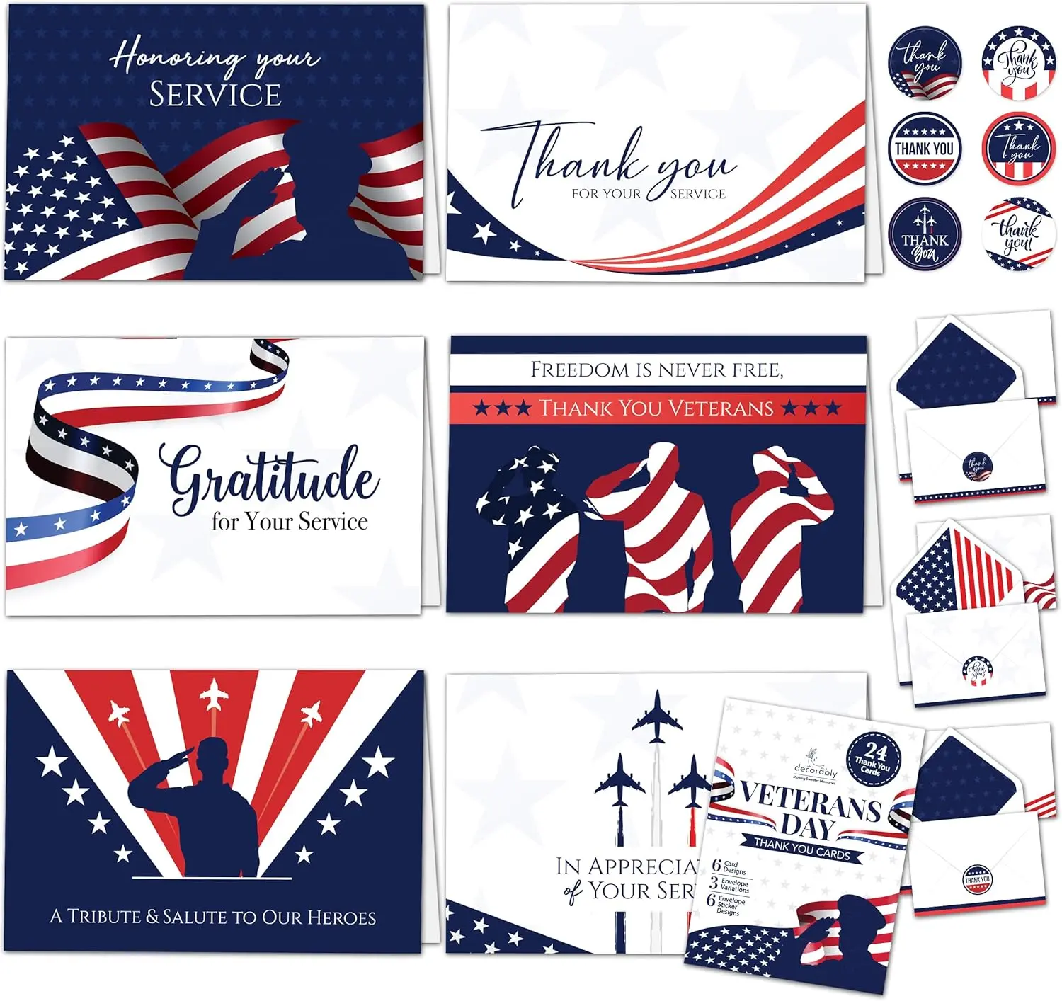 Decorably 24 Pack 6x4in Veteran Thank You Cards with Envelopes and Stickers, 6 Patriotic Designs Thank You for Your Service Cards with Printed Message Inside