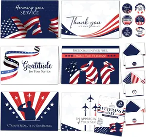 Decorably 24 Pack 6x4in Veteran Thank You Cards with Envelopes and Stickers, 6 Patriotic Designs Thank You for Your Service Cards with Printed Message Inside